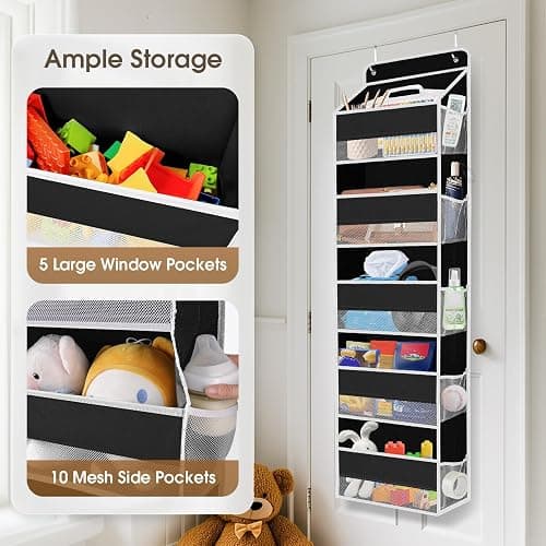 SpaceHacks 1 Pack Over The Door Organizer, Hanging Storage Organizer with Clear Window, 40lb Ultra Sturdy Large Capacity Room Organizer for Pantry Laundry Bathroom Nursery Closet (Black) thumbnail 4