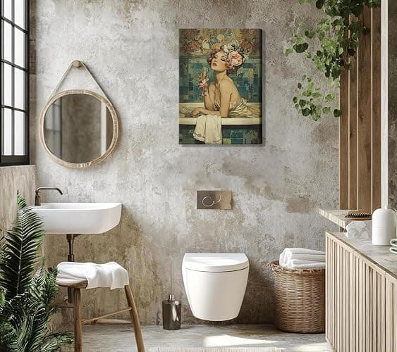 Vintage Bathroom Canvas Wall Art Woman With Champagne Picture Wall Decor Coquette Bathtub Poster Print Elegant Woman in a Bathtub Painting Artwork for Toilet Bar Home Decoration 12x16in Frame thumbnail 2