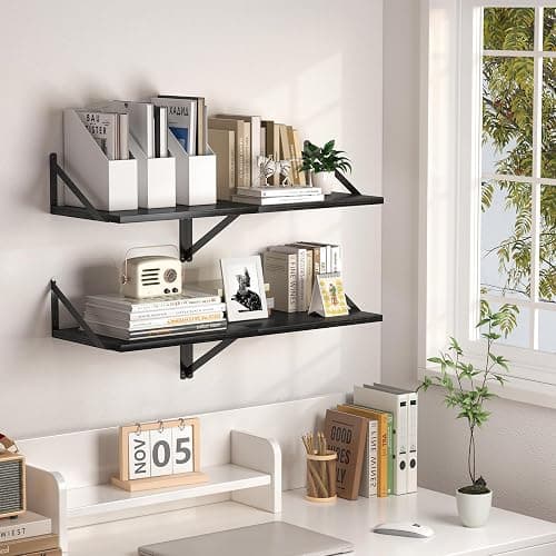 Heimlove Black Deep Floating Shelves for Wall, 16W x 12D Wood Wall Shelves Set of 2, Wide Floating Bookshelf for Living Room, Kitchen, Office, Bedroom and Decor Storage, with Metal Bracket - Black thumbnail 5