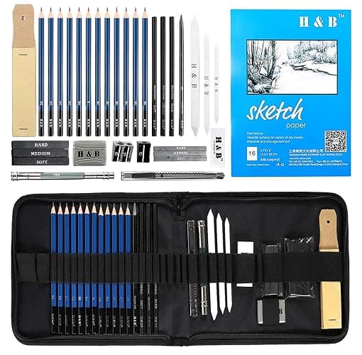 H & B 33pcs Sketch Pencils Set Artists Drawing Kit in Pencil case with Pencil Sharpener Art Supplies for Student Painter Beginner - Image 1