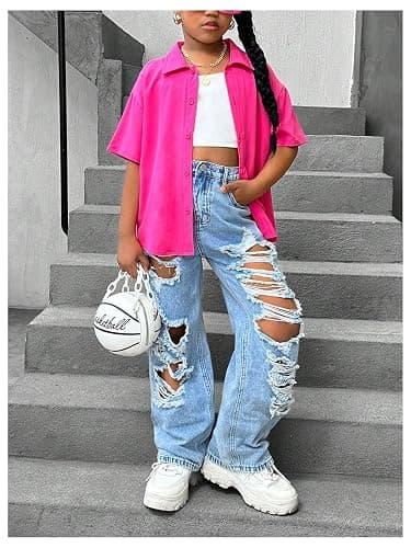 Floerns Girl's Distressed Jeans Baggy Wide Straight Leg Y2k Ripped Denim Pants thumbnail 4
