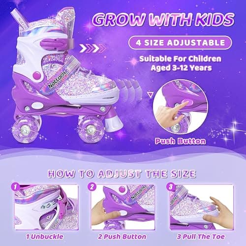 Nattork Kids Roller Skates for Girls Kids, 4 Sizes Adjustable Girls Roller Skates for Ages 3-12 with Light up Wheels & Safety Protection - Cool Birthday Gift for Indoor Outdoor Sports thumbnail 3