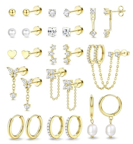 LOLIAS Hypoallergenic Flat Back Earrings Set for Women-Surgical Stainless Steel Earrings for Sensitive Ears-14K Gold Plated Cartilage Earring Stacks Flatback Stud Hoop Earring Sets for Multiple Piercing Jewelry - Image 1