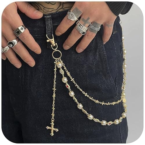 Fashion Layered Pants Wallet Chains - Exquisite Gold Silver Rhinestone Flower Pearl Jean Pocket Chain for Women Men Cute Bag Purse Charms Jewelry thumbnail 4