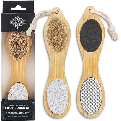 Dermasuri - 4 in 1 Exfoliating Foot Scrub Kit - Multi Purpose Foot Care - Natural Bamboo Pedicure Foot Spa Kit - Pumice Stone Callus Remover - Stainless Steel File, Sand Paper Surface, & Dry Brush - Image 1