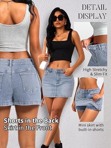 ELLEVEN High Stretchy Mini Skort Skirt for Women,Low Waist Denim Skort Shorts with Pockets thumbnail 4
