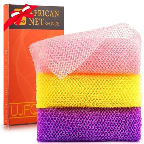 UJFQBH 3 Pieces African Bath Sponge African Net Long Net Bath Sponge Exfoliating Shower Body Scrubber Back Scrubber Skin Smoother,Great for Daily Use (Pink,Yellow,Purple) - Pink ,Yellow,purple - Image 1