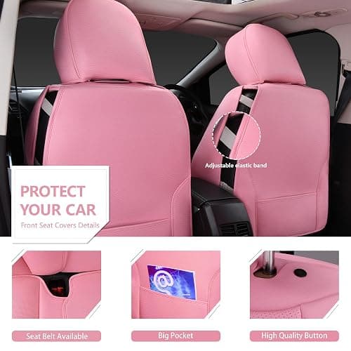 CAR PASS Nappa Pink PU Leather Car Seat Covers Full Set Cute for Women Waterproof Cushioned,Universal Fit for Sedan SUV Pick-up Truck,Automotive, Anti-Slip Front and Backseat Luxury Premium (Pink) thumbnail 5