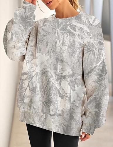 JEIBKOUY Womens Camo Sweatshirt Oversized Graphic Maple Leaf Print Crewneck Long Sleeve Y2k Trendy Fall Pullover Hoodies thumbnail 2