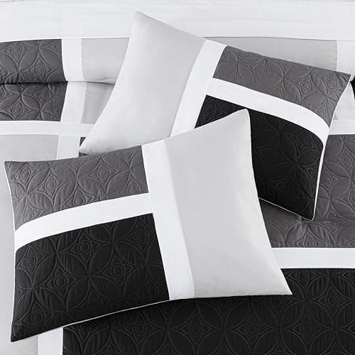 Chezmoi Collection Upland 7-Piece Quilted Patchwork Comforter Set, Black/Gray/Light Gray, King thumbnail 6