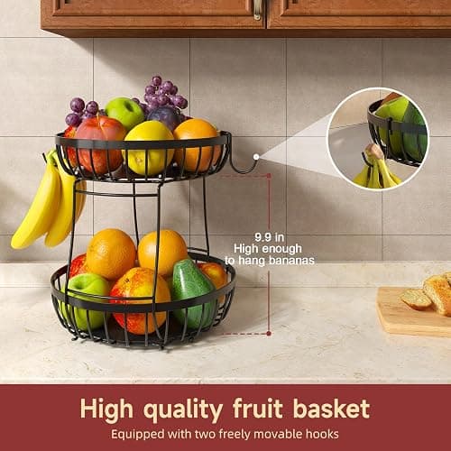 Sevenblue 2 Tier Fruit Bowl for Kitchen Counter, Black, Extra Large | Sturdy Metal Basket for Fruit, Bread & Onions, Modern Wire Fits Various Styles, Includes Food-Safe Mats to Keep Produce Fresh thumbnail 3