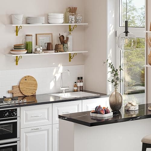 DINZI LVJ Long Wall Shelves, 31.5" Large Floating Shelves Set of 4, Farmhouse Display Shelf Wall Mounted with Heavy Duty Bracket, Easy Assembly for Kitchen, Bathroom, Bedroom, Balcony, White and Gold thumbnail 6