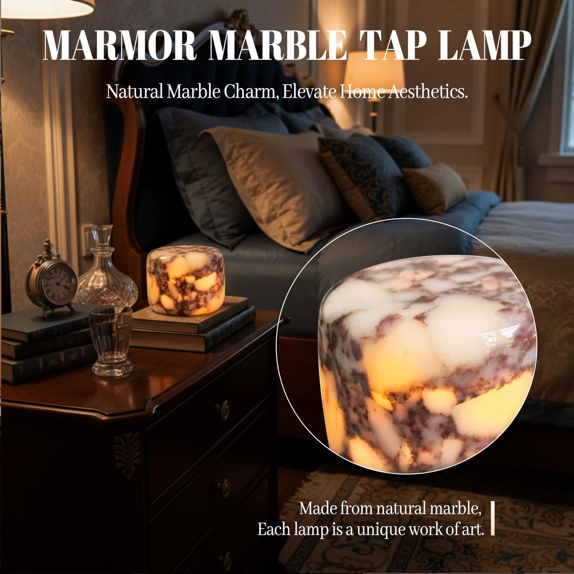 Marble Lamp Night Light Touch Bedside Table Lamp for Bedroom,Type-C Rechargeable Small Desk Bedside Small Lamps,Eye Caring Dimmable LED Ambient lamp (Calacatta Purple) thumbnail 2