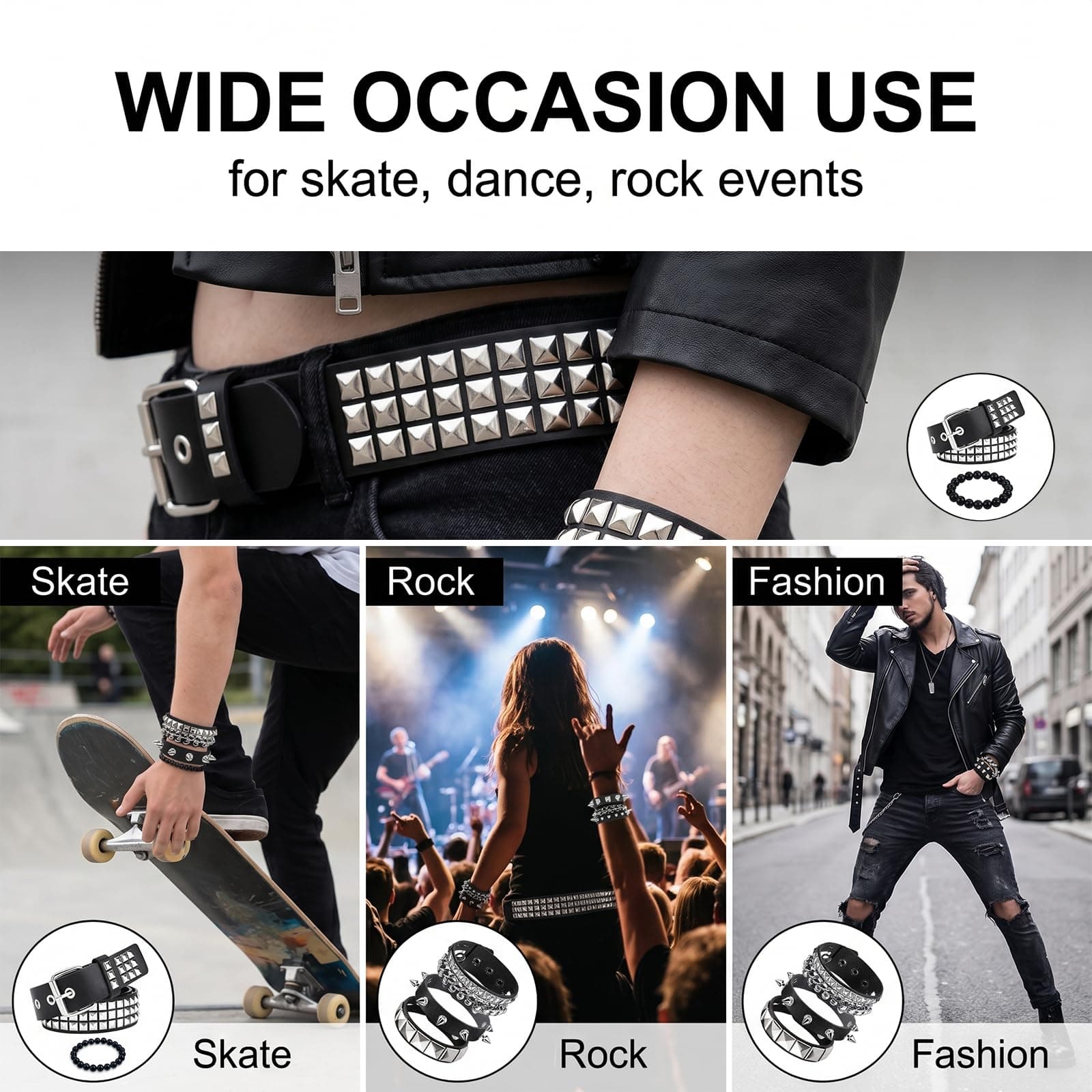 CATELL Y2K Belt Black Rivet Belt With 4 Rivet Bracelets Unisex Rivet Belt Women Punk Rock Grunge Accessories Studded Belt For 80s Party Cosplay Concert Christmas Halloween thumbnail 7