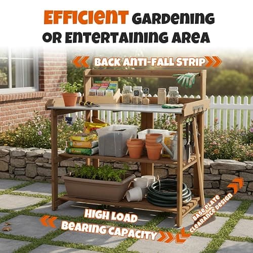Outdoor Potting Bench Table, Indoor Wooden Work Station with Metal Table Top, Metal Hooks, Large Shelves, Heavy-Duty Gardening Workbench for Garden, Backyard, Patio, BBQ Prep Station, Easy Assembly thumbnail 5