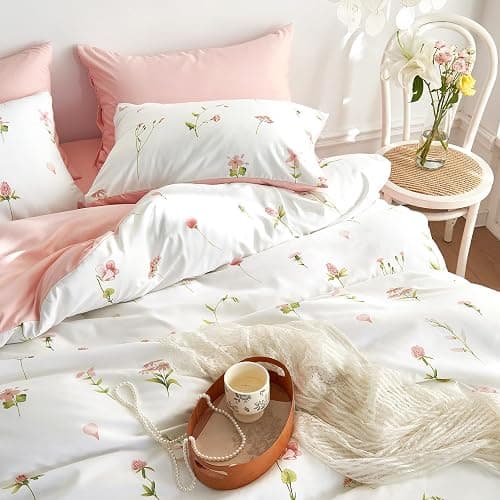 Wake In Cloud - Floral Comforter Set, Cottagecore Cute Aesthetic Watercolor Tiny Flowers and Leaves, Soft Lightweight Bedding for Women Teen Girls, 3 Pieces, Pink, Full Size thumbnail 6