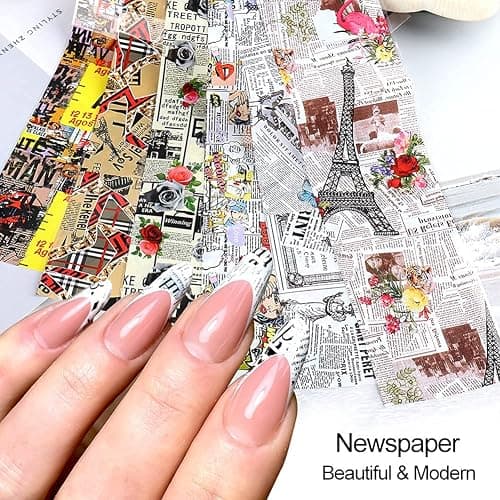 Retro Newspaper Nail Art Foil Transfer Stickers,Nail Art Supplies Holographic Nail Foil Flower Decals English Letters Butterfly Cool Romantic Punk Designs for Woman Manicure Decorations 10PCS thumbnail 4