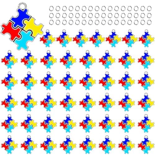 Hicarer 48 Pieces Autism Charms Pendants with 48 Pieces Semi-opening Rings for Puzzle Jewellery Key Chain Necklace Bracelet Earring Crafts Making Supplies - Image 1