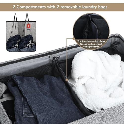 DOKEHOM 150L Double Laundry Basket with Lid and Removable Laundry Bags, Large Collapsible Laundry Hamper with 2 Sections for Bedroom, Bathroom, Laundry Room, Colloge (Grey) thumbnail 6