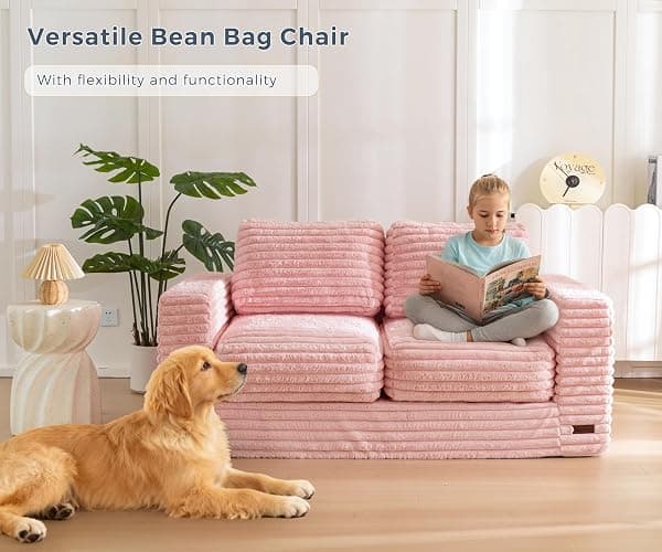 MAXYOYO Bean Bag Chair, Two-seat Bean Bag Sofa with Pillows and Armrests for Adults, Upholstered Loveseat Floor Sofa Couch Fluffy Chair Bean Bag Couch for Bedroom Living Room, Pink thumbnail 7