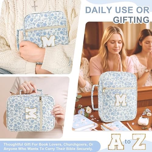 Personalized Initial Bible Cover Case for Women Girls Kid - Large Quilted Bible Case with Handle, Stylish Chenille Letter Bag Study Supplies, Perfect Christmas Gifts for Christians (Blue Flower-M) thumbnail 6