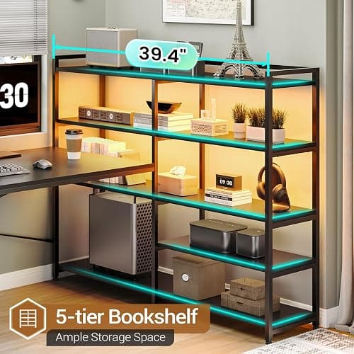 SEDETA L Shaped Gaming Desk, Reversible U Shaped Computer Desk with Power Outlet and Storage Shelves, Corner Gaming Desk with LED Lights, 3 Fabric Drawers, Black thumbnail 7