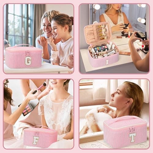 OCHEAL Makeup Bag for Women, Monogram Cosmetic Bag with Brush Holder, Pink Travel Makeup Case Beauty Toiletry Bag Organizer Personalized Gifts for Girls Bridesmaid, Sister, Wife, Friends Initial R thumbnail 6