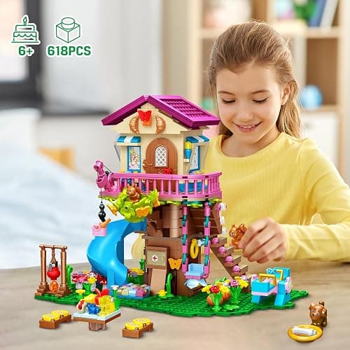 CUBIMANA Treehouse Building Toys with LED Light - 618 Piece Tree House Building Set, 3-Storey Up House with Slide & Stickers, Ages 6-12 thumbnail 6
