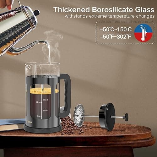 French Press Coffee Maker, French Press 304 Stainless Steel with 4 Filter, Heat Resistant Durable, Easy to Clean, Borosilicate Glass Coffee Press, 100% BPA Free Glass Teapot, 21 ounce, Dark Pewter thumbnail 6