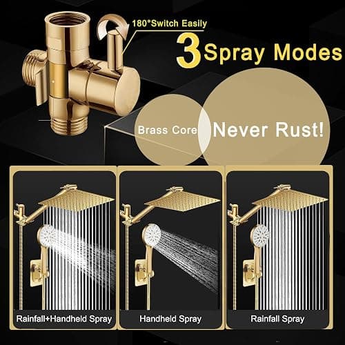 Shower Head, 10'' High Pressure Rain Shower Head with 6 Settings/Spray Handheld Shower Head Combo, 78'' Long Hose and 11'' Extension Arm, Water Temperature Reminder (Square Gold Shower Heads) thumbnail 8