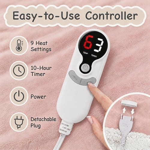 Soypipo Electric Heated Blanket 72"x84", 9 Heat Settings 10-Hour Auto-Off | Soft Flannel with Overheat Protection, Full Size Pink, Machine Washable, Fast Heating, Winter Comfort, for Couch & Bed thumbnail 4