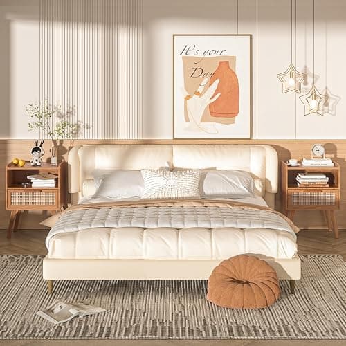 Lerliuo Rattan Nightstand, Side Table with Drawer Open Shelf | Bedside End Table with Solid Wood Legs, Mid Century Modern Night Stand for Bedroom, Dorm and Small Spaces (Tea Brown) thumbnail 6