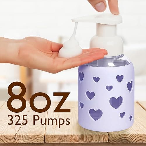 SoCal Suds & Company Foaming Hand Soap Dispenser Glass, Soft Purple, 8oz | Liquid Soap Pump w/ Heart Silicone Sleeve, Refillable Bottle for Kids, Baby Wash & Shampoo, Ideal for Bathroom & Kitchen Use thumbnail 6