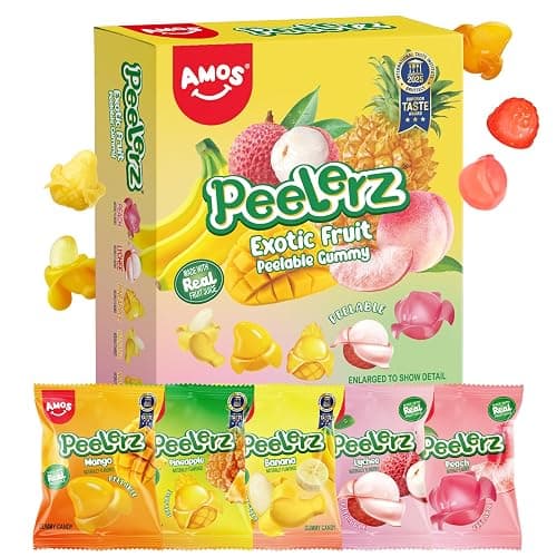 AMOS Peelerz Exotic Fruit Peelable Gummy Candy – 5 Fruit Flavors (Mango, Peach, Banana, Pineapple, Lychee), 8.47oz (240g), Individually Wrapped thumbnail 3