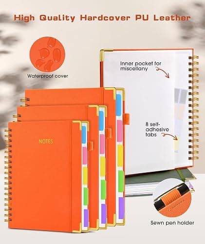 Hardcover Spiral Notebook Journal with Removable Dividers Tabs, 300 Pages Leather 5 Subject Notebook College Ruled, 8"x10" Large B5 Notebooks for Work School Note taking, Lined Journal for Women, Orange thumbnail 3