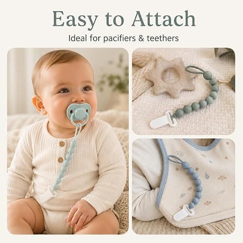 6 Pack Neutral Silicone Pacifier Clips for Boys and Girls, One Piece Beads Pacifier Clip Set with Durable Plastic Clip, Neutral Baby Pacifier Holder Set thumbnail 7