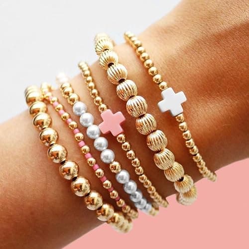 Long tiantian Gold Beaded Bracelet Stack for Women Pearl Cross Stretch Bracelets Non Tarnish Trendy Halloween Christmas Jewelry Gifts thumbnail 4