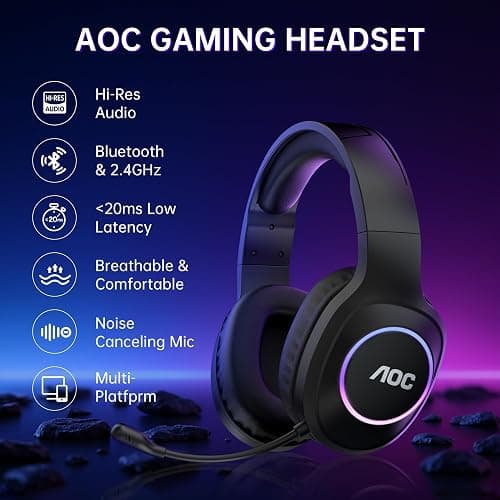 AOC Wireless Gaming Headset Compatible with PS5/4, Nintendo Switch, PC, Bluetooth 5.4 & 2.4GHz Gaming Headphones with Noise Canceling Mic, RGB, Type-C, 20ms Latency, 45H, 7.1 Virtual Surround- Black thumbnail 2