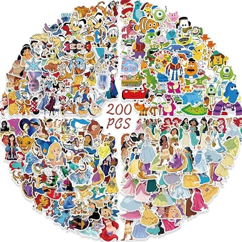 200Pcs Kids Stickers Pack Disney Princess Stickers Cute Cartoon Characters Deals Movie Decal Childrens Decorative Sticker for Kids Teens Adults Waterproof Sticker for Water Bottle Laptop Luggage - Image 1