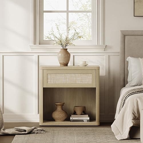 SICOTAS Night Stand Set of 2 26" Wide Large Nightstands with Drawer & Shelf Storage Rattan Bedside Table Boho End Table Tall Bed Side Tables Night Stands for Bedroom Living Room Sofa Office, Sand Oak thumbnail 2