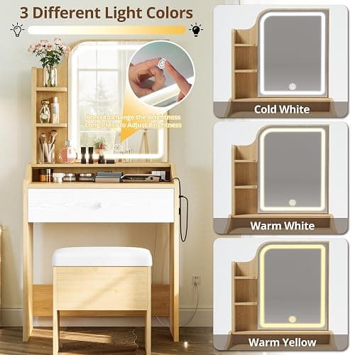 LIKIMIO Small Makeup Vanity Desk with Mirror and Lights, Vanity Table Set with Storage Drawer, Chair and Three Shelves, Bedroom, Wood thumbnail 5