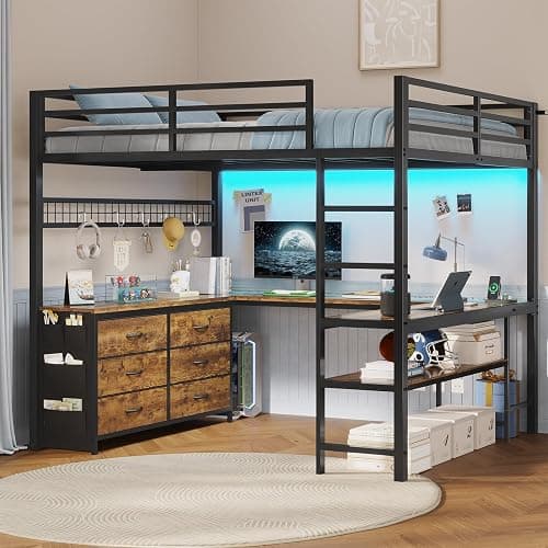 ADORNEVE Loft Bed Full Size with U-Shaped Desk, 6 Drawers, Rustic Brown | Metal Loft Bed with Power Outlet, LED Light, 2 Storage Shelves, Safety Guardrail & Ladders, No Box Spring Needed - Image 1