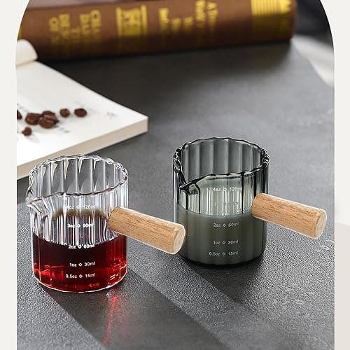 Espresso Cups Set of 2, 4 OZ Espresso Shot Glasses with Wood Handle, V-Shaped Spouts Cups, Ribbed Milk Frothing Pitcher, Glass Measuring Cup, Coffee Espresso Accessories, Demitasse Cups, Small (Gray) thumbnail 8