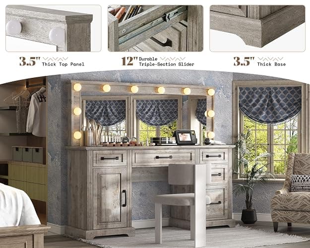 AMERLIFE 55" W Makeup Vanity with Hollywood Mirror, Glass Top Vanity with 5 Drawers & Charging Station, 10 Detachable Light Bulbs, Adjustable Brightness, Light Oak thumbnail 7