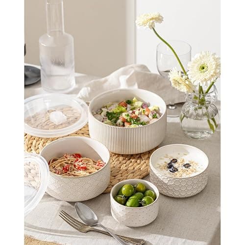 MIKIGEY Mixing Bowls with Lids Set of 4, Ceramic Nesting Bowls, Embossed Mixing Bowl Set for Food Storage, Prep Bowl, Gift, Microwave and Dishwasher Safe, 10/18/33/50 OZ, Off-White thumbnail 5