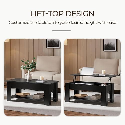 Yaheetech Wooden Coffee Table, Lift Top Coffee Table with Large Hidden Storage Shelf, Lift Tabletop Dining Tables for Living Room, Home Small Space, 38.6in, Black thumbnail 4