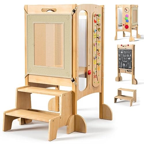 FlyingBoom Foldable Toddler Tower, Kitchen Stool Helper with 2 Step Stool, Toddler Standing Tower for Kids with Safety Net, Adjustable Height, Chalk-Whiteboard &Montessori Activity Games - Image 1