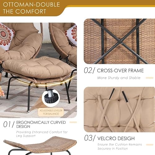 NICESOUL Egg Chair Indoor Outdoor, Large Egg Lounge Chair w/Ottoman, Oversized Comfy Cushioned Brid Cage Seat 440lbs, Boho Nest Seat with Footstool for Patio, Bedroom, Lawn, Backyard, Brown thumbnail 8