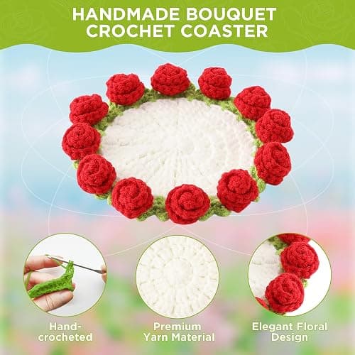 Crochet Flower Coasters, Handmade Bouquet Coasters with Crochet Plant Pot (Red, 2Pcs) thumbnail 5