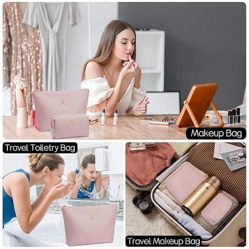 CLOUDWINGS Women Gifts | Initial Makeup Bag Set for Girl Personalized Gifts for Bridesmaid Friend Graduation Teachers PU Leather Cosmetic Travel Toiletry Bag(Pink,A) thumbnail 6